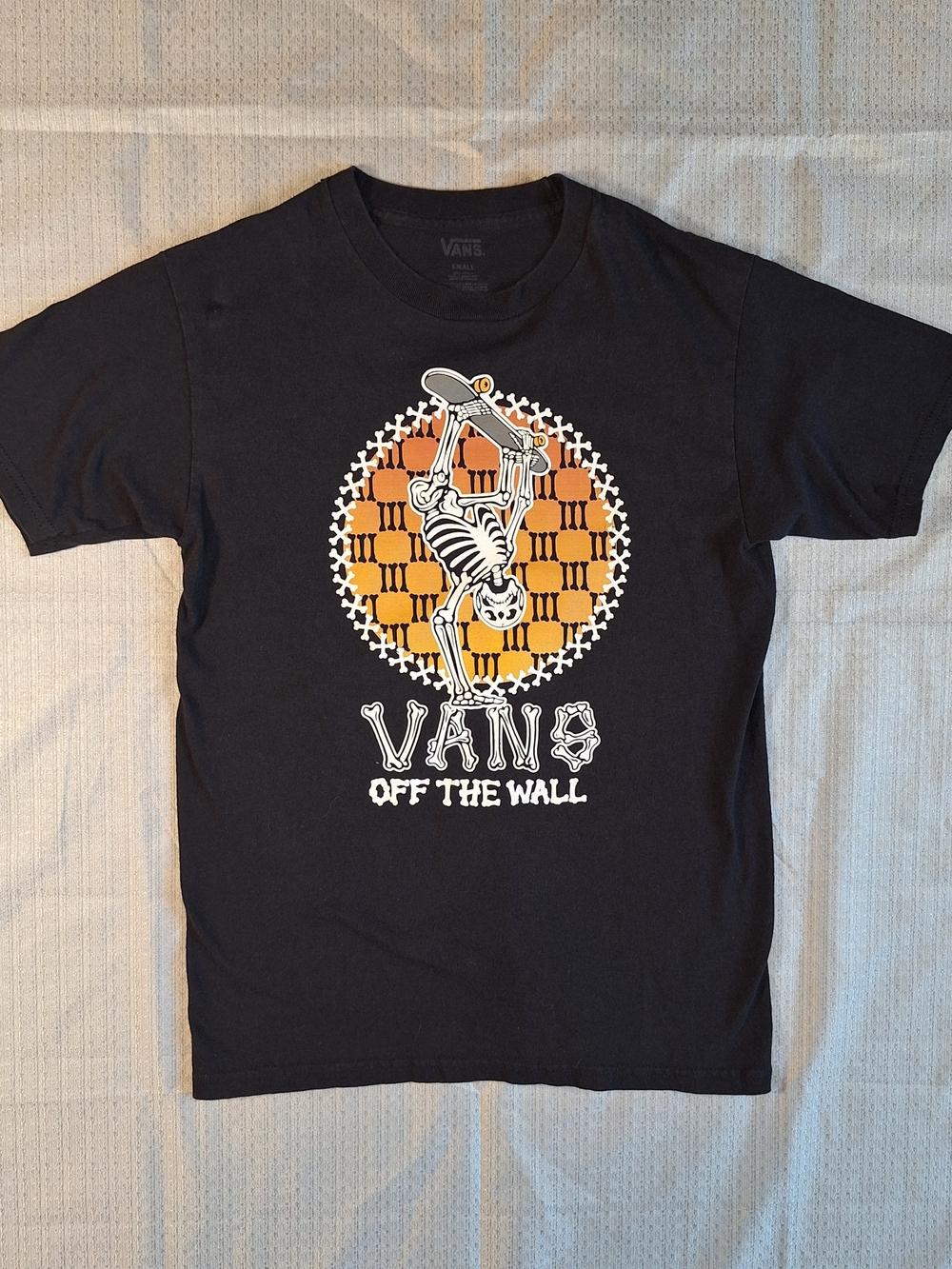 Vans Black Tee with Orange & White Skate Skeleton Graphic